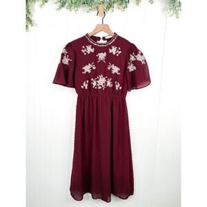 Bohme Floral Embroidered Swiss Dot Midi Dress Small Burgundy Maroon